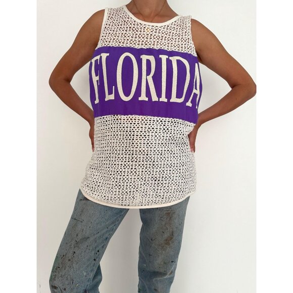 80s vintage white mesh Florida retro graphic unisex cotton tank top made in USA - Picture 2 of 9